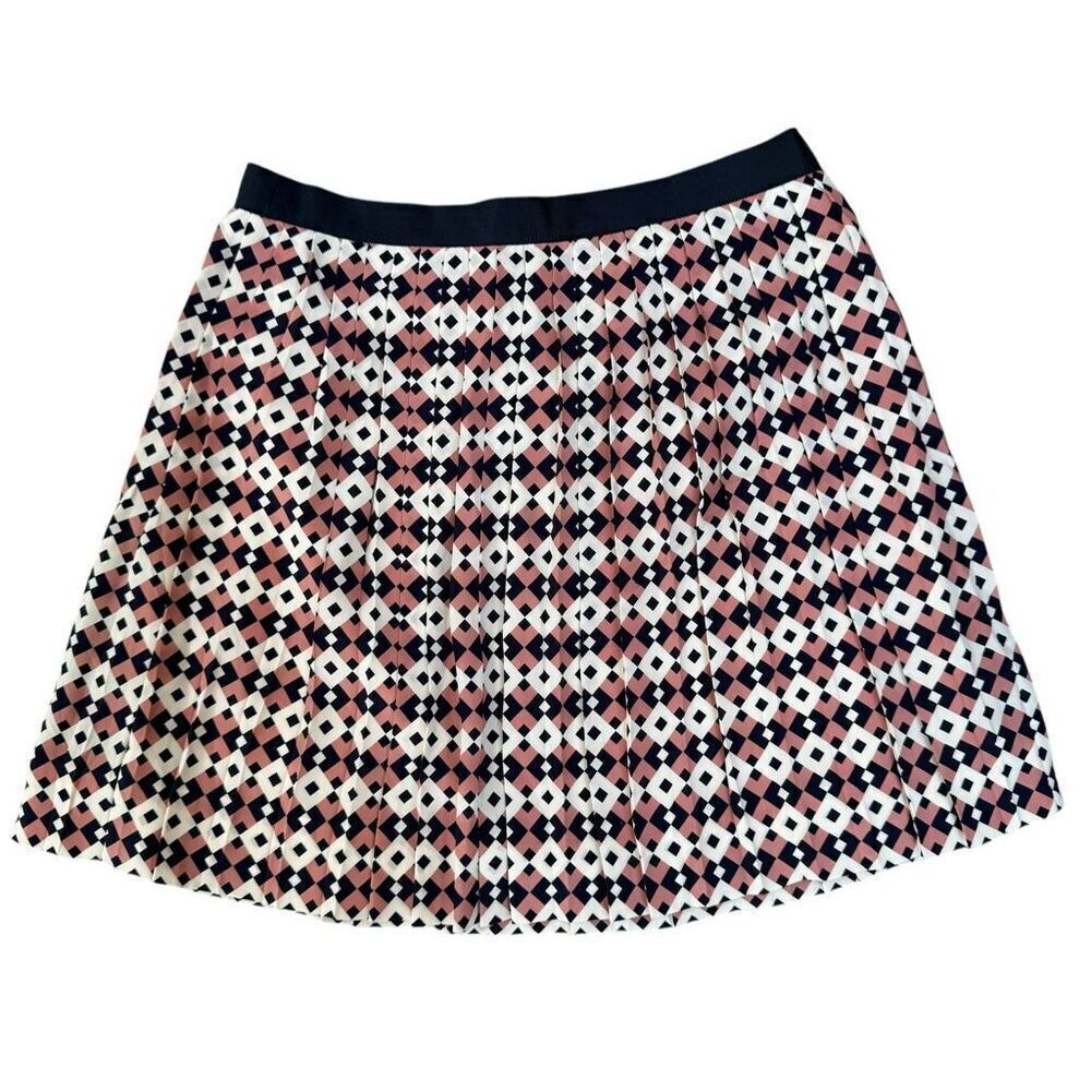 J. Crew Geometric Tile Print Pleated 100% Silk Skirt Size 4 Navy Blue Dusty Pink